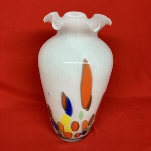 Vintage Handblown Murano White‎ Multicolor Art Glass 12" Vase with Ruffled Edge